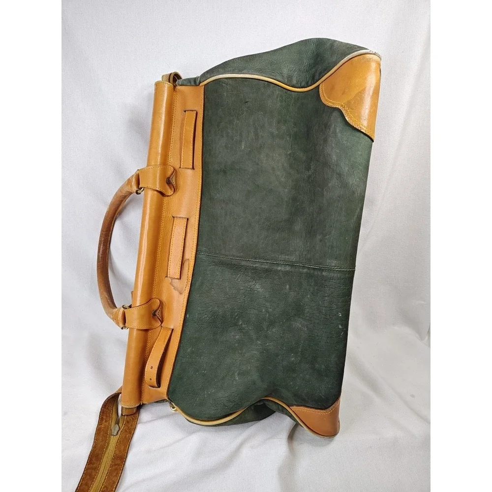 Vintage NAPOLI Finest Leather Duffel Bag Two Tone Green Tan Carry On Weekender